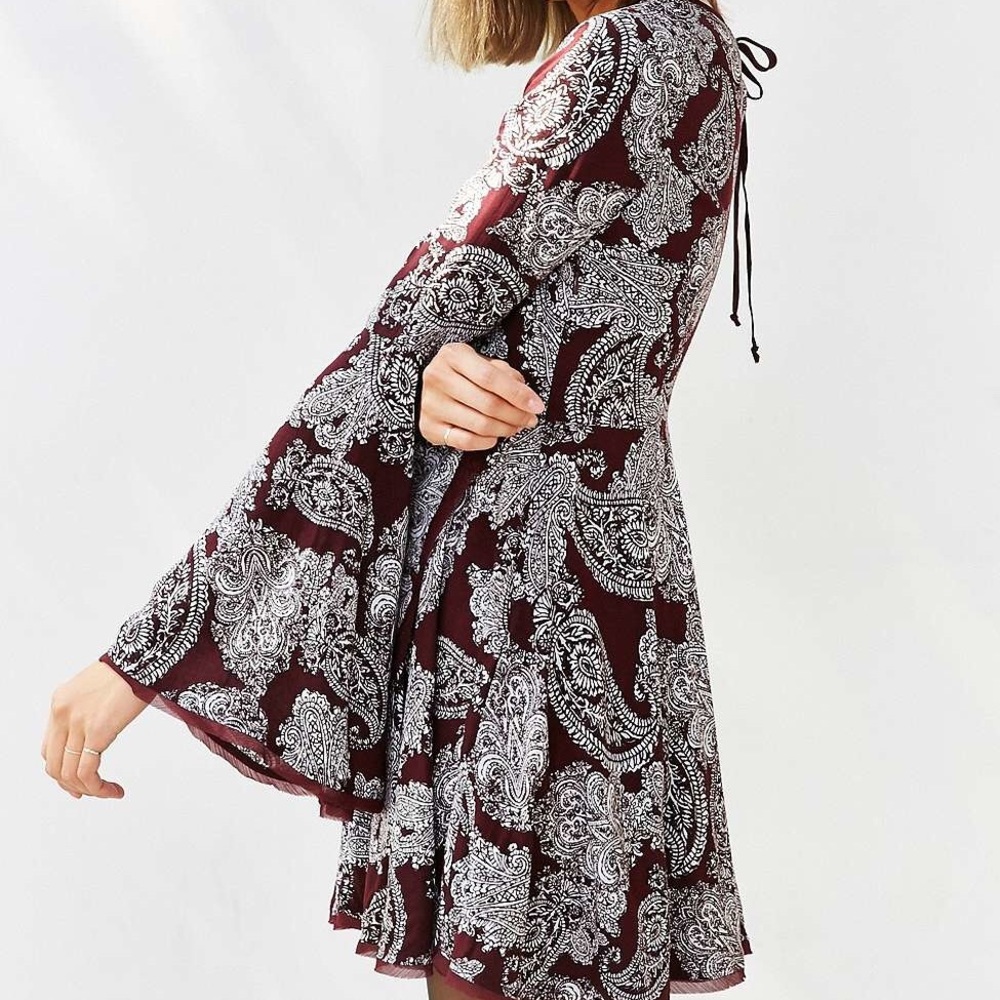 UO Ecote Paisley Purple Dress with Bell Sleeves